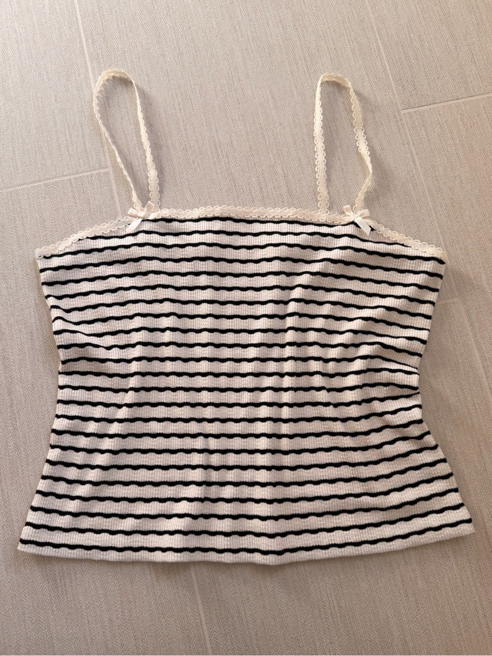 American Eagle Outfitters Black and White Striped Lace-Trim Cami